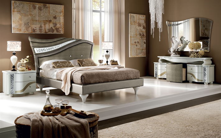 bedroom, 4k, stylish interior, vintage style, brown room, modern design, interior idea