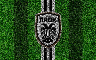 PAOK FC, logo, 4k, football lawn, Greek football club, black and white lines, grass texture, Thessaloniki, Greece, Superleague Greece, football