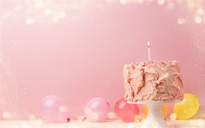 Feliz cumplea&#241;os, rosa pastel de cumplea&#241;os, pastel, vela, 1 a&#241;o de conceptos, pastel sobre fondo rosa