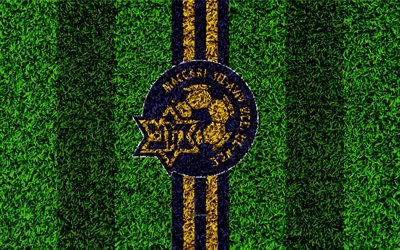 Maccabi Tel Aviv FC, 4k, emblem, football lawn, logo, Israeli football club, blue yellow lines, grass texture, Tel Aviv, Israel, football, Israeli Premier League
