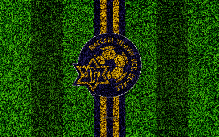 Maccabi Tel Aviv FC, 4k, emblema de f&#250;tbol de c&#233;sped, logotipo, Israel&#237; de f&#250;tbol del club, azul y amarillo l&#237;neas, el c&#233;sped de textura, Tel Aviv, Israel, del f&#250;tbol, de la Liga Premier Israel&#237;
