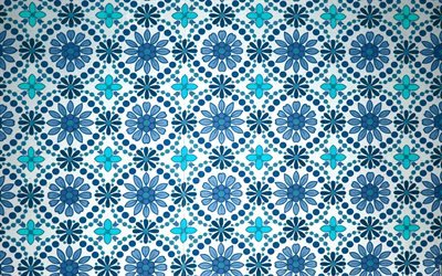 花のパターン, 4k, 青花, 花の質感, 青色の背景