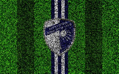 Hapoel Ironi Kiryat Shmona FC, 4k, emblema de f&#250;tbol de c&#233;sped, Shmona FC logotipo, Israel&#237; de f&#250;tbol del club, azul-l&#237;neas blancas, hierba de la textura, de Kiryat Shmona, Israel, de f&#250;tbol, de la Liga Premier Israel&#237;