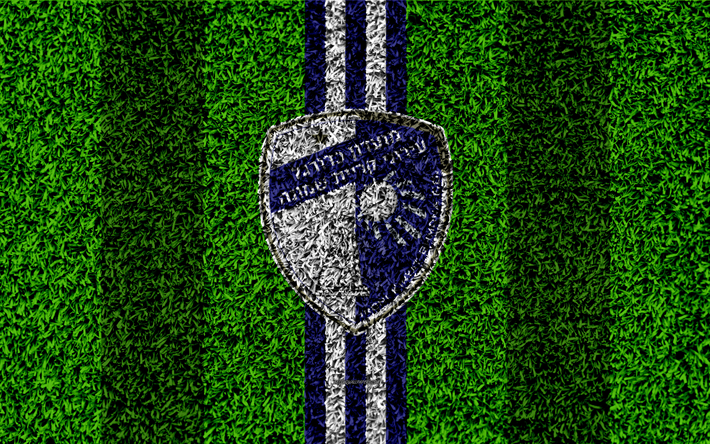Hapoel Ironi Kiryat Shmona FC, 4k, emblem, football lawn, Shmona FC logo, Israeli football club, blue-white lines, grass texture, Kiryat Shmona, Israel, football, Israeli Premier League