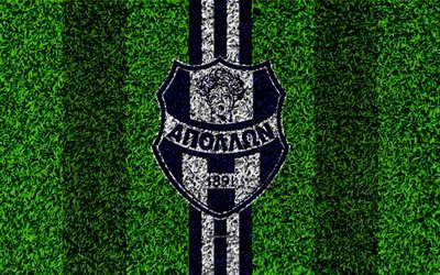 Apollon Smyrni FC, logo, 4k, football lawn, Greek football club, blue white lines, grass texture, Athens, Greece Superleague Greece, football