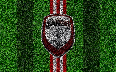 Xanthi FC, logo, 4k, calcio prato, greco di club di calcio, rosso, bianco, linee, erba texture, Xanthi, Grecia Superleague Grecia, calcio
