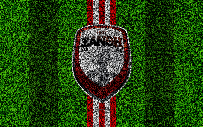 Xanthi FC, logo, 4k, futbol &#231;im, Yunan Futbol Kul&#252;b&#252;, kırmızı beyaz &#231;izgiler, &#231;im, doku, İske&#231;e, Yunanistan Superleague Yunanistan, futbol