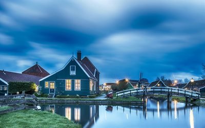 Alkmaar, 4k, canal, puente, pueblo, pa&#237;ses Bajos, Europa