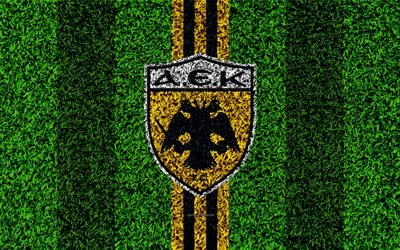 O AEK Athens FC, logo, 4k, futebol gramado, Grego futebol clube, amarelo preto linhas, grama textura, Atenas, Gr&#233;cia, O AEK, Superleague Gr&#233;cia, futebol