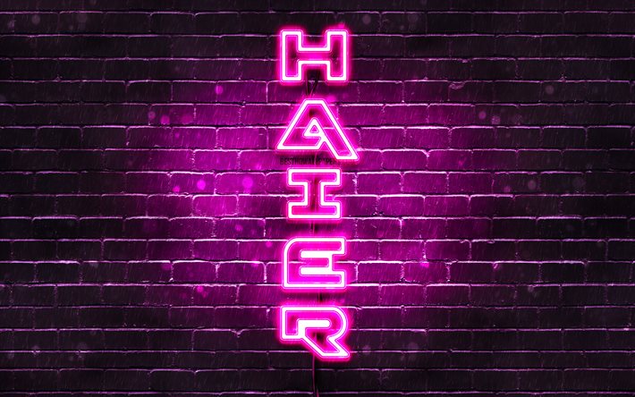 4K, Haier purple logo, vertical text, purple brickwall, Haier neon logo, creative, Haier logo, artwork, Haier