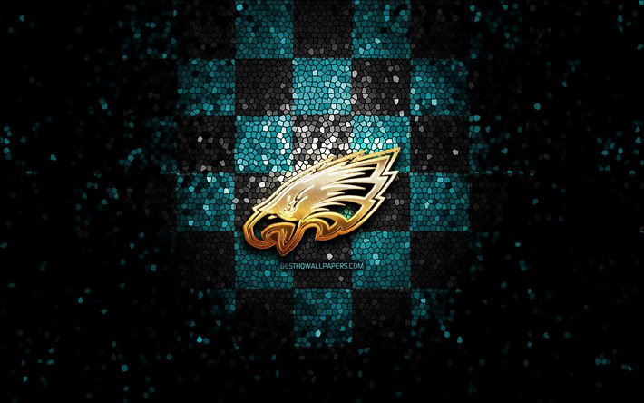 Philadelphia Eagles, glitter logotyp, NFL, bl&#229;-svart-rutig bakgrund, USA, amerikansk fotboll, Philadelphia Eagles logotyp, mosaik konst, Amerika