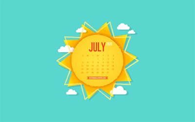 2020 juli kalender -, kreativ-sonne -, papier-kunst, hintergrund, mit der sonne, juli, blauer himmel, 2020 ktnj kalender, juli 2020 kalender