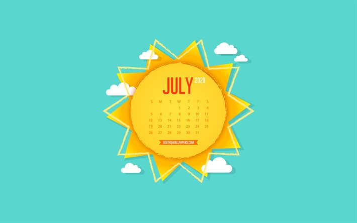 2020 يوليو التقويم, الإبداعية الشمس, فن الورق, الخلفية مع الشمس, تموز / يوليه, السماء الزرقاء, 2020 ktnj التقويمات, تموز / يوليه عام 2020 التقويم