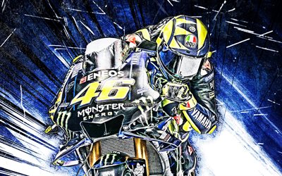4k, Valentino Rossi, grunge art, MotoGP, raceway, Yamaha YZR-M1, Valentino Rossi on track, blue abstract rays, racing bikes, Monster Energy Yamaha MotoGP, Yamaha