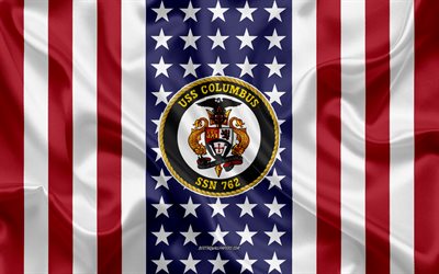 uss columbus-emblem, ssn-762, american flag, us-navy, usa, uss columbus abzeichen, us-kriegsschiff, wappen der uss columbus