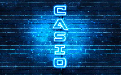 4K, Casio الشعار الأزرق, نص عمودي, الأزرق brickwall, Casio النيون شعار, الإبداعية, Casio شعار, العمل الفني, Casio