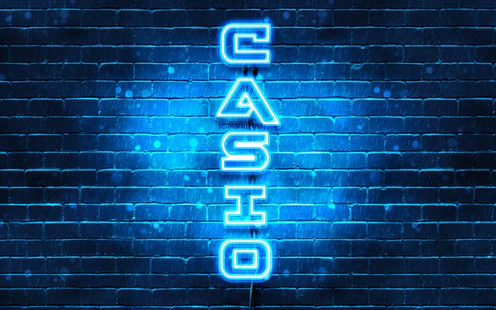 4K, Casio blu logo, testo verticale, blu, brickwall, Casio neon logo, creativo, Casio logo, la grafica, Casio