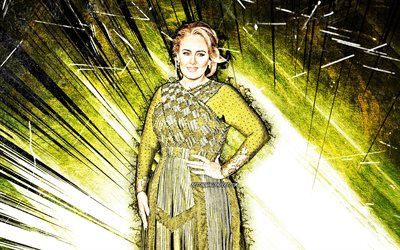 4k, Adele, verde resumo raios, brit&#226;nica de celebridades, estrelas da m&#250;sica, grunge arte, Adele Laurie Blue Adkins, f&#227; de arte, cantora brit&#226;nica, superstars, Adele 4K