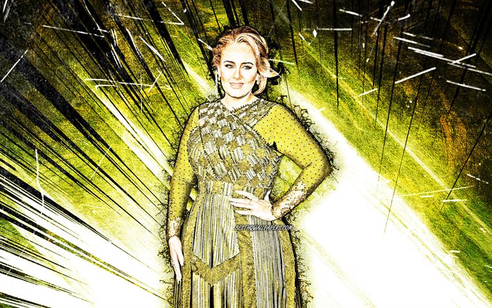 4k, Adele, yeşil soyut ışınları, İngilizlerin &#252;nl&#252; m&#252;zik yıldızları, grunge sanat, Adele Laurie Blue Adkins, fan sanat, İngiliz şarkıcı, s&#252;per star, 4K Adele