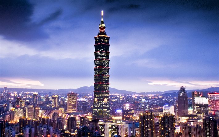 Taipei 101, Taipei D&#252;nya Finans Merkezi, Taipei, gece, G&#252;n batımı, g&#246;kdelenler, Taipei şehir, Tayvan