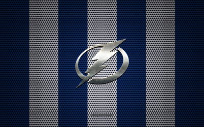 Tampa Bay Lightning logotipo, de la American hockey club, emblema de metal, azul y blanco de malla de metal de fondo, Tampa Bay Lightning, NHL, Tampa, Florida, estados UNIDOS, hockey