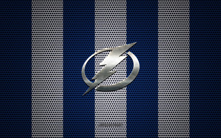 Tampa Bay Lightning logo, American hockey club, metal emblem, blue and white metal mesh background, Tampa Bay Lightning, NHL, Tampa, Florida, USA, hockey