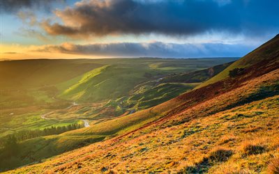 Inghilterra, 4k, tramonto, colline, natura bellissima, Gran Bretagna, inglese, natura