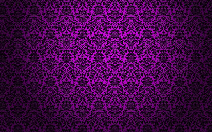 紫のダマスクパターン, ヴィンテージ花のパターン, violetヴィンテージの背景, 花のパターン, 背景の花, 紫色のレトロな背景, ヴィンテージの背景, 紫背景, 花柄ヴィンテージパターン