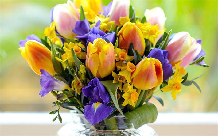 tulip bouquet, yellow tulips, spring flowers, spring bouquet, daffodils, iris, tulips, beautiful flowers