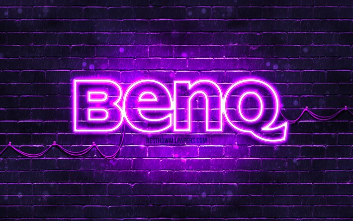 Benq violette logo, 4k, violet brickwall, Benq, logo, marques, Benq n&#233;on logo