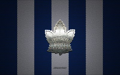 Toronto Maple Leafs logo, Canadian hockey club, metal emblem, blue and white metal mesh background, Toronto Maple Leafs, NHL, Toronto, Ontario, Canada, USA, hockey