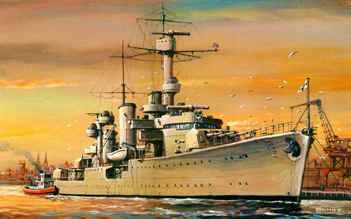 Leipzig, WW II, artwork, German cruiser Leipzig, German nawy, light cruisers