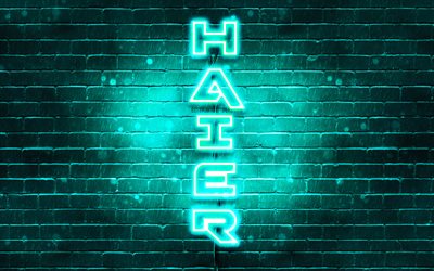 4K, Haier turquesa logotipo, texto vertical, turquesa brickwall, Haier neon logotipo, criativo, Haier logotipo, obras de arte, Haier