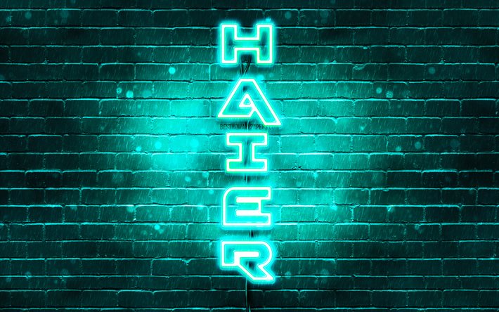4K, Haier turchese logo, testo verticale, turchese, brickwall, Haier neon logo, creativo, Haier logo, la grafica, Haier