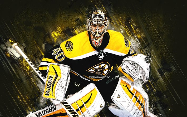 Tuukka Rask, Boston Bruins, Finnish hockey player, goalkeeper, NHL, yellow stone background, USA, hockey