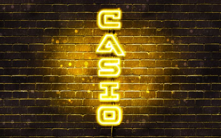 4k, casio gelb logo, vertikaler text, gelb brickwall, casio neon-logo, kreativ, casio-logo, artwork, casio