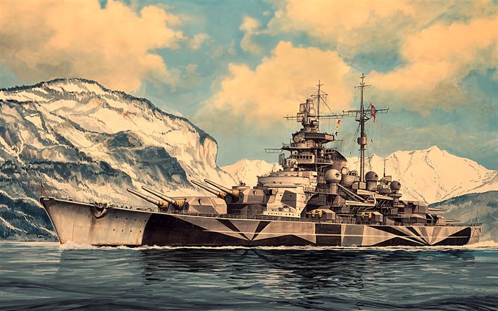 Tirpitz, WW II, artwork, German battleship Tirpitz, German navy, battleships