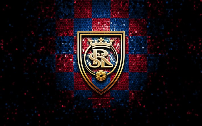 Real Salt Lake FC, glitter logo, İLKAY, Mavi, Kırmızı arka plan, ABD, Amerikan futbol takımı damalı, Real Salt Lake, Major League Soccer, Real Salt Lake logo, mozaik sanatı, futbol, Amerika