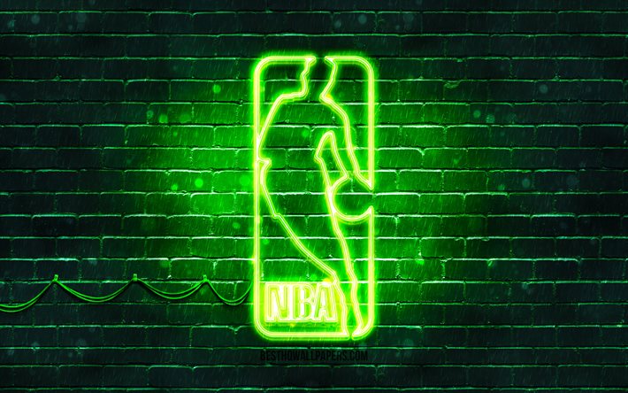 NBA yeşil logo, 4k, yeşil brickwall, NBA, NBA logosu, Amerikan Basketbol Ligi NBA neon logo