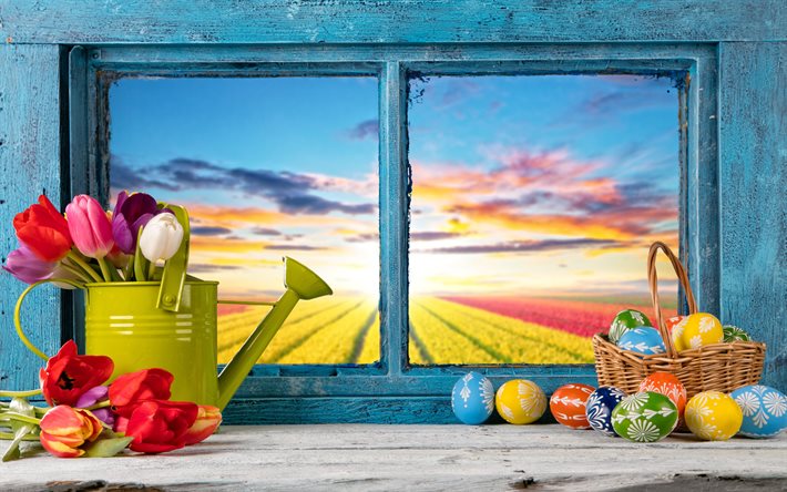 4k, Easter concepts, spring, window, colorful tulips, Happy Easter, creative, easter attributes, easter eggs