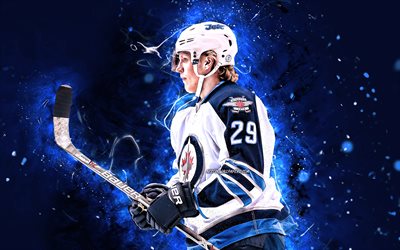Patrik Laine, 4k, NHL, Winnipeg Jets, hockey stars, hockey, blue neon lights, hockey players, Patrik Laine Winnipeg Jets, Patrik Laine 4K