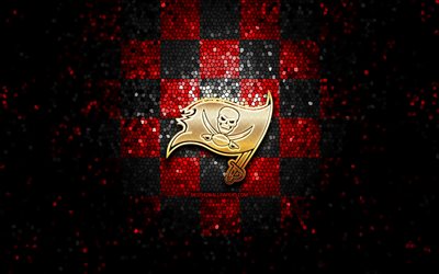Tampa Bay Buccaneers, glitter logotyp, NFL, r&#246;d och svart rutig bakgrund, USA, amerikansk fotboll, Tampa Bay Buccaneers-logotyp, mosaik konst, Amerika