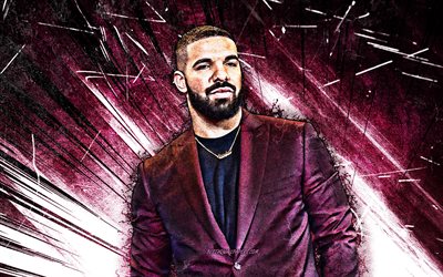 4k, Drake, grunge art, canadian rapper, music stars, Aubrey Drake Graham, purple abstract rays, Drake 4K