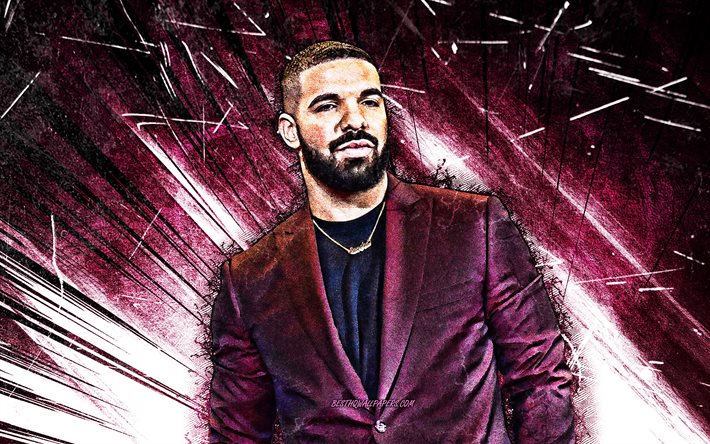 4k, Drake, grunge, arte, rapper canadese, star della musica, Aubrey Drake Graham, viola astratto raggi, Drake 4K