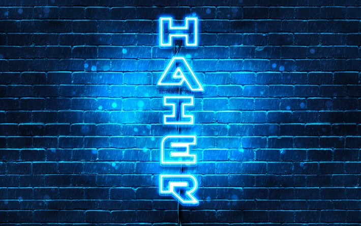 4K, Haier blu logo, testo verticale, blu, brickwall, Haier neon logo, creativo, Haier logo, la grafica, Haier
