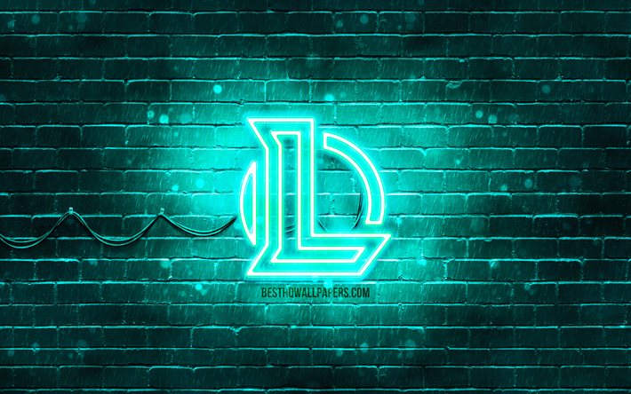 League of Legends turquesa logotipo, LoL, 4k, turquesa brickwall, League of Legends logotipo, Jogos de 2020, League of Legends neon logotipo, League of Legends, LoL logo