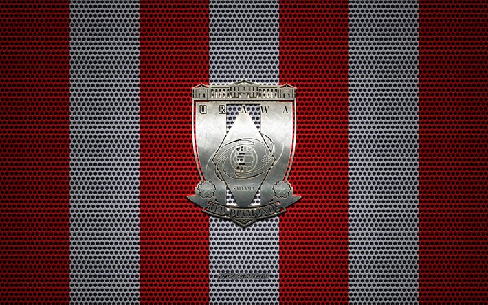 urawa red diamonds-logo, japanische fu&#223;ball-club, metall-emblem, red-black-metal-mesh-hintergrund, urawa red diamonds, j1 league, saitama, japan, fu&#223;ball, japan professional football league