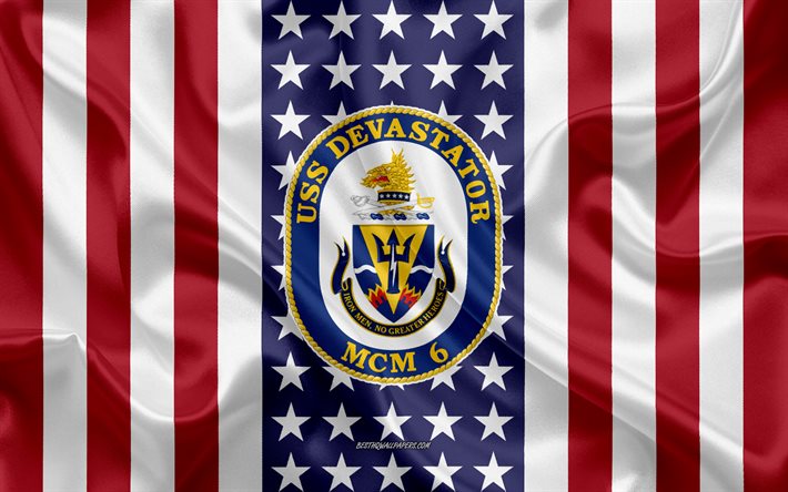 USS Devastator Emblem, MCM-6, Amerikanska Flaggan, US Navy, USA, USS Devastator Badge, AMERIKANSKA krigsfartyg, Emblem av USS Devastator
