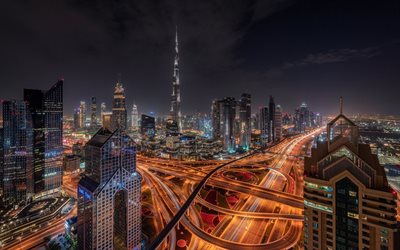 Dubai, road junction, Burj Khalifa, The Marina Torch, The Tower, UAE, night, cityscape, skyscrapers, United Arab Emirates
