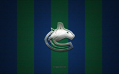 Vancouver Canucks-logo, Canadian hockey club, metalli-tunnus, sininen-vihre&#228; metalli mesh tausta, Vancouver Canucks, NHL, Vancouver, British Columbia, Kanada, USA, j&#228;&#228;kiekko